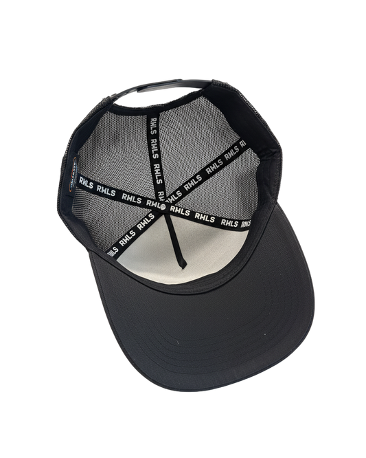 Inside view of the RWLS 112, The Black dual snapback mesh trucker hat. Black brim with printed white RWLS logos on black inseam tape. rebelliouswealth.com