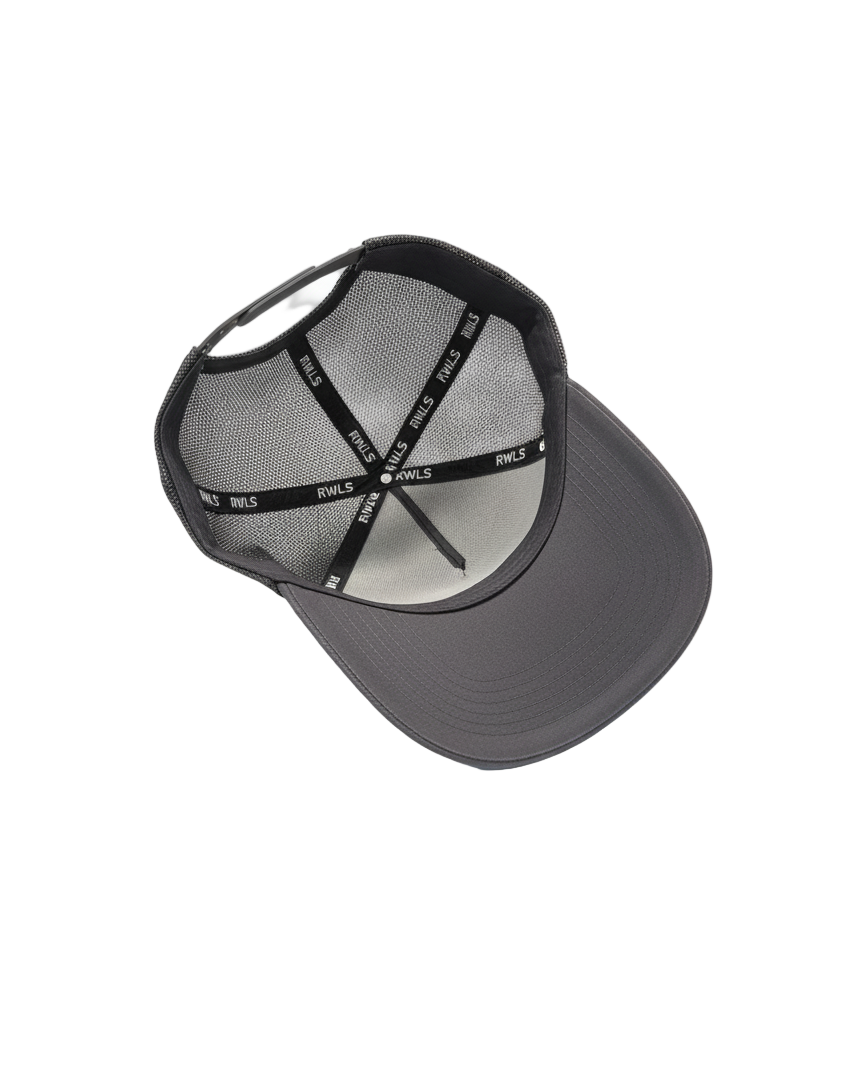 Inside view of the Stone Gray Rebellious Wealth trucker hat. Black inseam tape with RWLS logo printed on. Dual snapback strap. Chrome logo tag located on the snap strap.