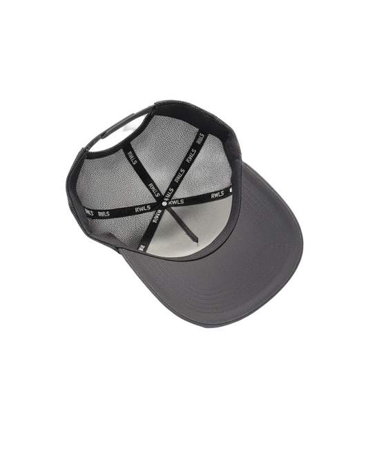 Inside view of the Stone Gray Rebellious Wealth trucker hat. Black inseam tape with RWLS logo printed on. Dual snapback strap. Chrome logo tag located on the snap strap.