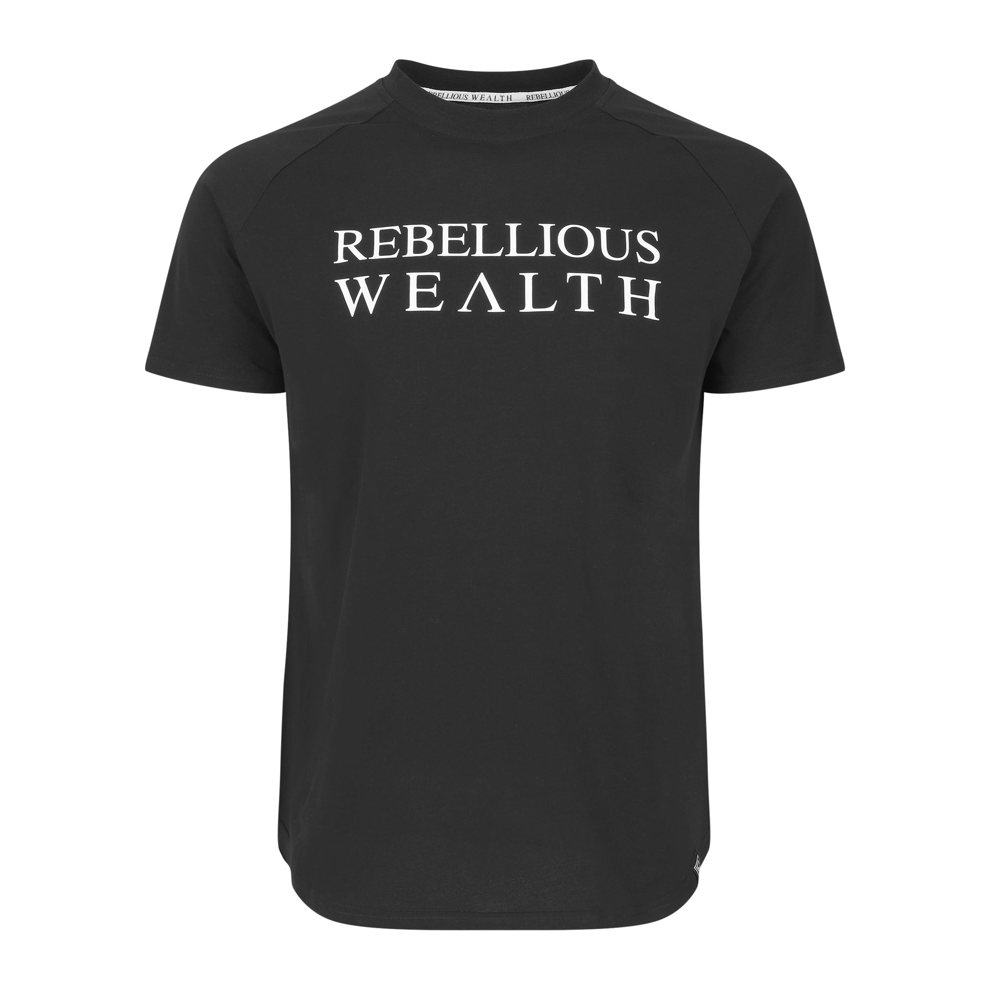 Front view. Black Rebellious wealth short sleeve t-shirt. rebelliouswealth.com