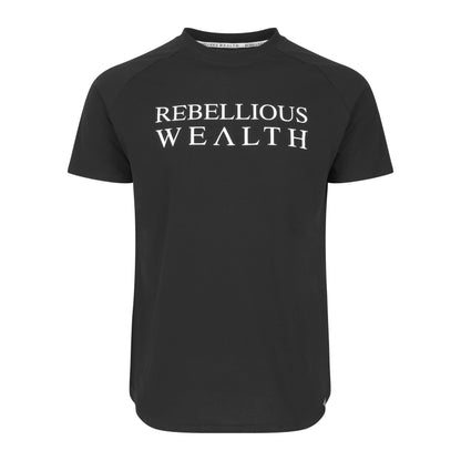 Front view. Black Rebellious wealth short sleeve t-shirt. rebelliouswealth.com