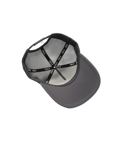 Inside view of the Stone Gray Rebellious Wealth trucker hat. Black inseam tape with RWLS logo printed on. Dual snapback strap. Chrome logo tag located on the snap strap. 